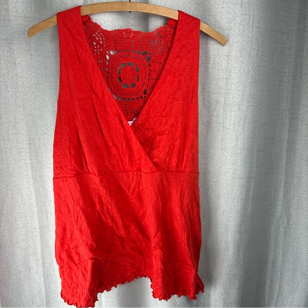 Womens Red Orange Gauzy Sleeveless Crochet Racerback Tank Top 2X Flirty Sheer